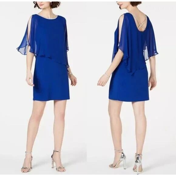 NWT MSK Blue Rhinestone Trim Popover Sheath Dress Formal Party Womens Size Small - Picture 1 of 12